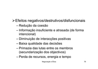 Efeitos negativos/destrutivos/disfuncionais
– Redução da coesão
– Informação insuficiente e atrasada (de forma
  intencional)
– Diminuição de interacções positivas
– Baixa qualidade das decisões
– Primazia das lutas entre os membros
  (secundarização dos objectivos)
– Perda de recursos, energia e tempo
                 Negociação e Ética              78
 