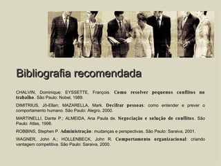 Bibliografia recomendada CHALVIN, Dominique; EYSSETTE, François.  Como resolver pequenos conflitos no trabalho . São Paulo: Nobel, 1989. DIMITRIUS, Jô-Ellan; MAZARELLA, Mark.  Decifrar pessoas : como entender e prever o comportamento humano. São Paulo: Alegro, 2000. MARTINELLI, Dante P.; ALMEIDA, Ana Paula de.  Negociação e solução de conflitos . São Paulo: Atlas, 1998. ROBBINS, Stephen P.  Administração : mudanças e perspectivas. São Paulo: Saraiva, 2001. WAGNER, John A.; HOLLENBECK, John R.  Comportamento organizacional : criando vantagem competitiva. São Paulo: Saraiva, 2000. 