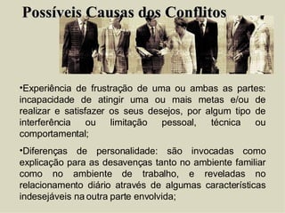 Experiência de frustração de uma ou ambas as partes: incapacidade de atingir uma ou mais metas e/ou de realizar e satisfazer os seus desejos, por algum tipo de interferência ou limitação pessoal, técnica ou comportamental; Diferenças de personalidade: são invocadas como explicação para as desavenças tanto no ambiente familiar como no ambiente de trabalho, e reveladas no relacionamento diário através de algumas características indesejáveis na outra parte envolvida; .  Possíveis Causas dos Conflitos 