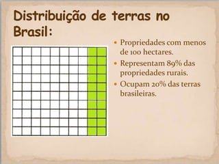  Propriedades com menos
  de 100 hectares.
 Representam 89% das
  propriedades rurais.
 Ocupam 20% das terras
  brasileiras.
 