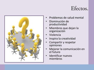 • Problemas de salud mental
• Disminución de
productividad
• Miembros que dejan la
organización
• Violencia
• Inspira la creatividad
• Compartir y respetar
opiniones
• Mejorar la comunicación en
el futuro
• Identificar nuevos
miembros
 