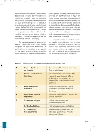 119
daqueles sujeitos coletivos – compreendi-
dos em sua situação de vulnerabilidade
econômica e social –, quer na realização
das políticas públicas fundiárias e correla-
tas que constituem parte da estrutura
organizacional, econômica, social, étnica e
cultural da República Federativa do Brasil.
Neste sentido, apresentam-se no cenário
como quarto elemento constitutivo dos
conflitos fundiários os órgãos públicos
fundiários e correlatos (de políticas sociais,
econômicas, étnicas e culturais).
Em oposição aos quatro primeiros ele-
mentos constitutivos dos conflitos fundiá-
rios, pode ser identificado, finalmente, um
quinto elemento constitutivo, que possui,
por seu turno, uma distinção e forma mista
na sua constituição interna: ora se apresenta
como agentes privados, ora como órgãos
públicos, ora confundem-se na figura de
consórcios ou concessionárias voltados à
realização de grandes empreendimentos. se
os sujeitos coletivos de direitos assumem
formas distintas de manifestação fundadas
sobre matrizes sociais, étnicas e culturais,
verifica-se que os agentes privados também
assumem diferentes categorias de apresen-
tação, geralmente representativas de seto-
res e interesses econômicos.
Nestes termos, é possível apresentar
um quadro exemplificativo com os cinco
elementos constitutivos mínimos caracte-
rísticos dos conflitos fundiários rurais,
com vistas à análise e projeção de medi-
das para a mediação e soluções alternati-
vas de conflitos em casos concretos:
Quadro 17 - Cinco Elementos Mínimos Constitutivos do Conflito Fundiário Rural
1 Sujeitos Coletivos Emanam das Manifestações sociais,
de Direitos étnicas e Culturais
2 Direitos Fundamentais Emanam do Reconhecimento dos
Correlatos Modos de vida atrelado à Terra,
às Águas, às Florestas ou ao
Território no Estado Democrático
de Direito
3 Políticas Públicas Emanam da organização social,
Correlatas Econômica e Cultural do Estado
Brasileiro
4 Instituições Públicas Emanam da organização Política do
Implicadas Estado Brasileiro
5 5.1 Agentes Privados Motivados por interesses
econômicos privados
5.2 Órgãos Públicos Motivados pelo interesse Público
5.3 Consórcios/ Motivados pela Forma Mista de
Concessionárias interesses Econômicos Privados
e interesse Público
Relatorio Terra de Direitos 2013 - novo_Layout 1 27/08/13 13:45 Page 119
 