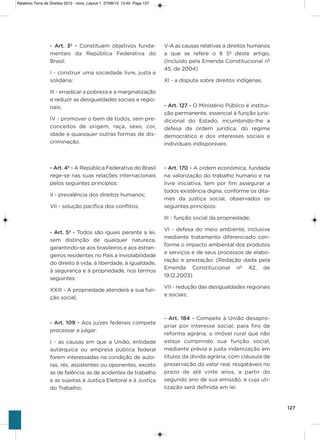 127
- Art. 3º - Constituem objetivos funda-
mentais da República Federativa do
Brasil:
i - construir uma sociedade livre, justa e
solidária;
iii - erradicar a pobreza e a marginalização
e reduzir as desigualdades sociais e regio-
nais;
iv - promover o bem de todos, sem pre-
conceitos de origem, raça, sexo, cor,
idade e quaisquer outras formas de dis-
criminação.
- Art. 4º - a República Federativa do Brasil
rege-se nas suas relações internacionais
pelos seguintes princípios:
ii - prevalência dos direitos humanos;
vii - solução pacífica dos conflitos;
- Art. 5º - Todos são iguais perante a lei,
sem distinção de qualquer natureza,
garantindo-se aos brasileiros e aos estran-
geiros residentes no País a inviolabilidade
do direito à vida, à liberdade, à igualdade,
à segurança e à propriedade, nos termos
seguintes:
xxiii - a propriedade atenderá a sua fun-
ção social;
- Art. 109 - aos juízes federais compete
processar e julgar:
i - as causas em que a União, entidade
autárquica ou empresa pública federal
forem interessadas na condição de auto-
ras, rés, assistentes ou oponentes, exceto
as de falência, as de acidentes de trabalho
e as sujeitas à Justiça Eleitoral e à Justiça
do Trabalho;
v-a as causas relativas a direitos humanos
a que se refere o § 5º deste artigo;
(incluído pela Emenda Constitucional nº
45, de 2004)
xi - a disputa sobre direitos indígenas.
- Art. 127 - o Ministério Público é institui-
ção permanente, essencial à função juris-
dicional do Estado, incumbindo-lhe a
defesa da ordem jurídica, do regime
democrático e dos interesses sociais e
individuais indisponíveis.
- Art. 170 - a ordem econômica, fundada
na valorização do trabalho humano e na
livre iniciativa, tem por fim assegurar a
todos existência digna, conforme os dita-
mes da justiça social, observados os
seguintes princípios:
iii - função social da propriedade;
vi - defesa do meio ambiente, inclusive
mediante tratamento diferenciado con-
forme o impacto ambiental dos produtos
e serviços e de seus processos de elabo-
ração e prestação; (Redação dada pela
Emenda Constitucional nº 42, de
19.12.2003)
vii - redução das desigualdades regionais
e sociais;
- Art. 184 - Compete à União desapro-
priar por interesse social, para fins de
reforma agrária, o imóvel rural que não
esteja cumprindo sua função social,
mediante prévia e justa indenização em
títulos da dívida agrária, com cláusula de
preservação do valor real, resgatáveis no
prazo de até vinte anos, a partir do
segundo ano de sua emissão, e cuja uti-
lização será definida em lei.
Relatorio Terra de Direitos 2013 - novo_Layout 1 27/08/13 13:45 Page 127
 