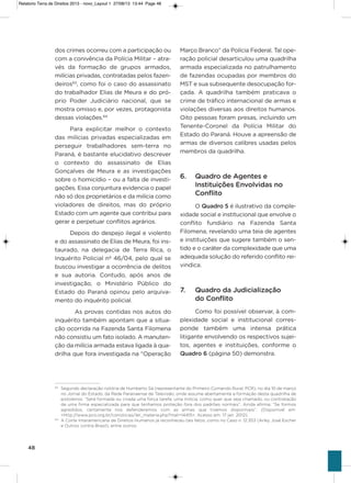 48
dos crimes ocorreu com a participação ou
com a conivência da Polícia Militar – atra-
vés da formação de grupos armados,
milícias privadas, contratadas pelos fazen-
deiros63
, como foi o caso do assassinato
do trabalhador Elias de Meura e do pró-
prio Poder Judiciário nacional, que se
mostra omisso e, por vezes, protagonista
dessas violações.64
Para explicitar melhor o contexto
das milícias privadas especializadas em
perseguir trabalhadores sem-terra no
Paraná, é bastante elucidativo descrever
o contexto do assassinato de Elias
gonçalves de Meura e as investigações
sobre o homicídio – ou a falta de investi-
gações. Essa conjuntura evidencia o papel
não só dos proprietários e da milícia como
violadores de direitos, mas do próprio
Estado com um agente que contribui para
gerar e perpetuar conflitos agrários.
Depois do despejo ilegal e violento
e do assassinato de Elias de Meura, foi ins-
taurado, na delegacia de Terra Rica, o
inquérito Policial nº 46/04, pelo qual se
buscou investigar a ocorrência de delitos
e sua autoria. Contudo, após anos de
investigação, o Ministério Público do
Estado do Paraná opinou pelo arquiva-
mento do inquérito policial.
as provas contidas nos autos do
inquérito também apontam que a situa-
ção ocorrida na Fazenda santa Filomena
não consistiu um fato isolado. a manuten-
ção da milícia armada estava ligada à qua-
drilha que fora investigada na “operação
Março Branco” da Polícia Federal. Tal ope-
ração policial desarticulou uma quadrilha
armada especializada no patrulhamento
de fazendas ocupadas por membros do
MsT e sua subsequente desocupação for-
çada. a quadrilha também praticava o
crime de tráfico internacional de armas e
violações diversas aos direitos humanos.
oito pessoas foram presas, incluindo um
Tenente-Coronel da Polícia Militar do
Estado do Paraná. houve a apreensão de
armas de diversos calibres usadas pelos
membros da quadrilha.
6. Quadro de Agentes e
Instituições Envolvidas no
Conflito
o Quadro 5 é ilustrativo da comple-
xidade social e institucional que envolve o
conflito fundiário na Fazenda santa
Filomena, revelando uma teia de agentes
e instituições que sugere também o sen-
tido e o caráter da complexidade que uma
adequada solução do referido conflito rei-
vindica.
7. Quadro da Judicialização
do Conflito
Como foi possível observar, à com-
plexidade social e institucional corres-
ponde também uma intensa prática
litigante envolvendo os respectivos sujei-
tos, agentes e instituições, conforme o
Quadro 6 (página 50) demonstra.
63
Segundo declaração notória de Humberto Sá (representante do Primeiro Comando Rural, PCR), no dia 10 de março
no Jornal do Estado, da Rede Paranaense de Televisão, onde assume abertamente a formação desta quadrilha de
pistoleiros: “Será formada ou criada uma força tarefa, uma milícia, como quer que seja chamado, ou contratação
de uma firma especializada para que tenhamos proteção fora dos padrões normais”. Ainda afirma: “Se formos
agredidos, certamente nos defenderemos com as armas que tivemos disponíveis”. (Disponível em:
<http://www.pco.org.br/conoticias/ler_materia.php?mat=14415>. Acesso em: 17 jan. 2012).
64
A Corte Interamericana de Direitos Humanos já reconheceu tais fatos, como no Caso n. 12.353 (Arley José Escher
e Outros contra Brasil), entre outros.
Relatorio Terra de Direitos 2013 - novo_Layout 1 27/08/13 13:44 Page 48
 