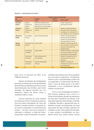 50
pelo incra no Decreto de 1997, é de
1.889,50 hectares.
Depois da decisão de reintegração
de posse, as lideranças do acampamento
Elias de Meura relataram que houve certa
desmobilização das famílias, que foram
tomadas, de alguma maneira, por um
desânimo diante da forma como o
Judiciário tratou o caso.
Contra a decisão do Juízo Federal
de Paranavaí, foram interpostos diversos
recursos pelos advogados da Terra de
Direitos visando reverter a situação ou,
ao menos, suspender o cumprimento da
liminar – vez que, uma vez cumprida e
realizado o despejo, a ação de Desa-
propriação Judicial baseada na posse-
trabalho das famílias sem-terra perderia
seu principal fundamento. Entretanto,
mesmo com a possibilidade jurídica de
se suspender o cumprimento da liminar
ante o risco de lesão grave e de difícil
reparação, a juiz competente decidiu
manter sua posição.
Com o risco de despejo eminente, o
MsT buscou negociar com o incra e o
governo do Estado, através da assessoria
de assuntos Fundiários do Paraná, uma
área para assentar essas famílias, evitando
o despejo forçado e garantindo que as
famílias tivessem minimamente um local
para morar. ou seja, o Poder Judiciário, na
verdade, ao dar uma solução formal para
o caso, acabou consolidando um pro-
blema social que outros atores sociais
Quadro 6 – Judicialização do Conflito
Categorias Classe Processual Manejada
de Justiça Justiça
Observação
Litigantes Cível Criminal
advocacia sujeitos Pedido de assistência para Pedido negado sem a
Popular Coletivos de figurar junto ao incra na ação apreciação do mérito
Direitos Declaratória de Produtividade
advocacia sujeitos ação de Desapropriação objetivo: Desapropriação da
Popular Coletivos de Judicial fazenda em favor das famílias
Direitos acampadas com fundamento no
art. 1.228, §§ 4º e 5º do Código Civil.
agentes do Procuradoria ação de Desapropriação objetivo: Desapropriação por
Estado do incra interesse social para Reforma
agrária com fundamento na
improdutividade do imóvel.
agentes Proprietários da ação Cautelar objetivo: Concessão de liminar
Privados fazenda para suspender o andamento do
processo administrativo de
desapropriação.
Proprietários ação Cautelar objetivo: Produção antecipada de
da fazenda provas para ingresso com ação
Declaratória de Produtividade
Proprietários ação Declaratória de objetivo: Declaração de que a
da fazenda Produtividade Fazenda santa Filomena é
produtiva
Proprietários ação de Reintegração objetivo: Concessão de
da fazenda de Posse reintegração da posse do imóvel
aos proprietários
Total 3 7 0 Total Ações Judiciais: 10
Relatorio Terra de Direitos 2013 - novo_Layout 1 27/08/13 13:44 Page 50
 