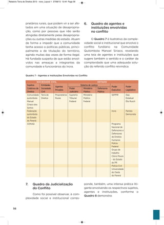 56
prietários rurais, que podem vir a ser afe-
tados em uma situação de desapropria-
ção, como por pessoas que não serão
atingidas diretamente pelas desapropria-
ções ou outras medidas do estado. atuam
de forma a impedir que a comunidade
tenha acesso a políticas públicas, princi-
palmente a de titulação do território,
agindo muitas das vezes de forma ilegal.
há fundada suspeita de que estão envol-
vidos nas ameaças a integrantes da
comunidade e funcionários do incra.
6. Quadro de agentes e
instituições envolvidas
no conflito
o Quadro 7 é ilustrativo da comple-
xidade social e institucional que envolve o
conflito fundiário na Comunidade
Quilombola Manoel siriaco, revelando
uma teia de agentes e instituições que
sugere também o sentido e o caráter da
complexidade que uma adequada solu-
ção do referido conflito reivindica.
Quadro 7 - Agentes e Instituições Envolvidas no Conflito
SOCIEDADE CIVIL ESTADO
sujeitos Entidades
agentes
sistema de Justiça
Poder Poder
Coletivos de sociedade
Privados
Poder Ministério Defensoria
Executivo Legislativo
Direitos Civil Judiciário Público Pública
Comunidade Terra de Proprietários supremo Ministério sEPPiR Dep.
quilombola Direitos Rurais Tribunal Público Estadual
Manuel Federal Federal élio Rusch
Ciriaco dos
santos
Federação incra Partido
quilombola Democrata
do Estado
do Paraná
CoNaQ Programa
Nacional de
Defensores e
Defensoras
de Direitos
humanos
Polícia
Federal
grupo de
trabalho
Clóvis Moura
- do Estado
do PR
Polícia Civil
Universidade
do oeste
do Paraná
7. Quadro da Judicialização
do Conflito
Como foi possível observar, à com-
plexidade social e institucional corres-
ponde, também, uma intensa prática liti-
gante envolvendo os respectivos sujeitos,
agentes e instituições, conforme o
Quadro 8 demonstra:
Relatorio Terra de Direitos 2013 - novo_Layout 1 27/08/13 13:44 Page 56
 