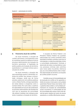 57
8. Panorama atual do conflito
No atual momento, a situação de
conflito permanece, principalmente ante
às incertezas quanto ao desfecho final do
processo administrativo de titulação do
território quilombola. a fragilidade da
política pública de titulação de territórios
quilombolas é o principal entrave para a
solução do conflito.
No atual momento, a situação não
está exacerbada quanto à dimensões vio-
lentas do conflito. isso, porque a comuni-
dade consegue, ainda que de forma
precária, sobreviver com políticas públicas
como o Bolsa Família, entrega esporádica
de cestas básicas e programas como o
Compra Direta. Por outro lado, a ausência
de capacidade do incra em dar andamento
ao processo administrativo de titulação faz
com que os opositores da comunidade
não adotem medidas mais enérgicas para
tentar inviabilizar a titulação do território.
a atuação da Polícia Federal e do
Ministério Público Federal nas questões
relacionadas aos crimes cometidos pelos
fazendeiros também contribuiu para que as
intimidações e violências praticadas contra
a comunidade arrefecessem. Contudo, a
absolvição de todos os proprietários rurais
nos processos criminais abre caminhos
para novas ações truculentas. Estima-se
que, se o incra efetivamente voltar a traba-
lhar pela titulação do território, as situações
de conflito podem se acirrar.
acredita-sequesóhápossibilidadereal
de resolução do conflito se for garantido o
direito de acesso à terra para a comunidade
quilombola Manoel Ciriaco dos santos. sem
a garantia desse direito a comunidade per-
manecerá em situação de vulnerabilidade
social e econômica. a continuidade da luta
da comunidade pelo acesso à terra não dei-
xará de gerar reações por parte de grupos
opositores e o conflito dificilmente cessará.
Quadro 8 - Judicialização do Conflito
CASO COMUNIDADE QUILOMBOLA MANOEL SIRIACO
Categorias de Litigantes
Classe Processual Manejada
Justiça Cível Tipo Penal observação
advocacia Popular
agentes do Estado Ministério Público ação Civil Pública Busca-se a titulação do
Federal território em 12 meses
Ministério Público injúria em razão de agentes privados
Federal raça, cor, etnia, processados por ato contra
religião funcionários do iNCRa
e contra a comunidade.
absolvidos
Ministério Público ameaça agentes privados
Federal processados por ato contra
funcionários do incra e
contra a comunidade.
absolvidos
Ministério Público sequestro e Cárcere agentes privados
Federal Privado; auxílio à processados por ato contra
fuga de autoridade; funcionários do incra e
contra a comunidade.
absolvidos
agentes Privados
Total 1 1 3 Total ações Judiciais 5
Relatorio Terra de Direitos 2013 - novo_Layout 1 27/08/13 13:44 Page 57
 