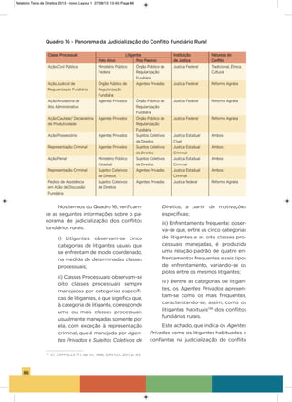 Quadro 16 - Panorama da Judicialização do Conflito Fundiário Rural
Classe Processual Litigantes instituição Natureza do
Polo ativo Polo Passivo de Justiça Conflito
ação Civil Pública Ministério Público órgão Público de Justiça Federal Tradicional, étnica,
Federal Regularização Cultural
Fundiária
ação Judicial de órgão Público de agentes Privados Justiça Federal Reforma agrária
Regularização Fundiária Regularização
Fundiária
ação anulatória de agentes Privados órgão Público de Justiça Federal Reforma agrária
ato administrativo Regularização
Fundiária
ação Cautelar/ Declaratória agentes Privados órgão Público de Justiça Federal Reforma agrária
de Produtividade Regularização
Fundiária
ação Possessória agentes Privados sujeitos Coletivos Justiça Estadual ambos
de Direitos Cível
Representação Criminal agentes Privados sujeitos Coletivos Justiça Estadual ambos
de Direitos Criminal
ação Penal Ministério Público sujeitos Coletivos Justiça Estadual ambos
Estadual de Direitos Criminal
Representação Criminal sujeitos Coletivos agentes Privados Justiça Estadual ambos
de Direitos Criminal
Pedido de assistência sujeitos Coletivos agentes Privados Justiça federal Reforma agrária
em ação de Discussão de Direitos
Fundiária
86
Nos termos do Quadro 16, verificam-
se as seguintes informações sobre o pa-
norama de judicialização dos conflitos
fundiários rurais:
i) Litigantes: observam-se cinco
categorias de litigantes usuais que
se enfrentam de modo coordenado,
na medida de determinadas classes
processuais;
ii) Classes Processuais: observam-se
oito classes processuais sempre
manejadas por categorias específi-
cas de litigantes, o que significa que,
à categoria de litigante, corresponde
uma ou mais classes processuais
usualmente manejadas somente por
ela, com exceção à representação
criminal, que é manejada por Agen-
tes Privados e Sujeitos Coletivos de
Direitos, a partir de motivações
específicas;
iii) Enfrentamento frequente: obser-
va-se que, entre as cinco categorias
de litigantes e as oito classes pro-
cessuais manejadas, é produzida
uma relação padrão de quatro en-
frentamentos frequentes e seis tipos
de enfrentamento, variando-se os
polos entre os mesmos litigantes;
iv) Dentre as categorias de litigan-
tes, os Agentes Privados apresen-
tam-se como os mais frequentes,
caracterizando-se, assim, como os
litigantes habituais138
dos conflitos
fundiários rurais.
Este achado, que indica os Agentes
Privados como os litigantes habituados e
confiantes na judicialização do conflito
138
Cf. CAPPELLETTI, op. cit, 1988; SANTOS, 2011, p. 45.
Relatorio Terra de Direitos 2013 - novo_Layout 1 27/08/13 13:45 Page 86
 