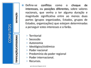    Define-se conflitos como o choque de
                             interesses, ou posições diferentes, sobre valores
                             nacionais, que venha a ter alguma duração e
DEFINIÇÃO                    magnitude significativa entre ao menos duas
                             partes (grupos organizados, Estados, grupos de
                             Estados, organizações) que estejam determinadas
                             a perseguir estes interesses e o farão.

                             ›   Territorial
TIPIFICAÇÃO/CATEGORIAS




                             ›   Secessão
                             ›   Autonomia
                             ›   Ideológico/sistêmico
                             ›   Poder nacional
                             ›   Predomínio do poder regional
                             ›   Poder internacional.
                             ›   Recursos.
                                 geo-educacao.blogspot.com.br
 