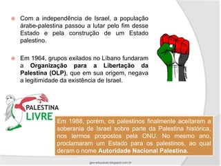    Com a independência de Israel, a população
    árabe-palestina passou a lutar pelo fim desse
    Estado e pela construção de um Estado
    palestino.

   Em 1964, grupos exilados no Líbano fundaram
    a Organização para a Libertação da
    Palestina (OLP), que em sua origem, negava
    a legitimidade da existência de Israel.




                Em 1988, porém, os palestinos finalmente aceitaram a
                soberania de Israel sobre parte da Palestina histórica,
                nos termos propostos pela ONU. No mesmo ano,
                proclamaram um Estado para os palestinos, ao qual
                deram o nome Autoridade Nacional Palestina.
                            geo-educacao.blogspot.com.br
 