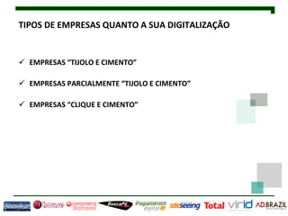 TIPOS DE EMPRESAS QUANTO A SUA DIGITALIZAÇÃO


 EMPRESAS “TIJOLO E CIMENTO”

 EMPRESAS PARCIALMENTE “TIJOLO E CIMENTO”

 EMPRESAS “CLIQUE E CIMENTO”
 