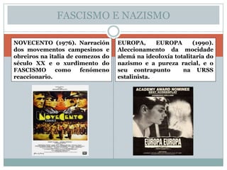 FASCISMO E NAZISMO

NOVECENTO (1976). Narración        EUROPA,      EUROPA       (1990).
dos movementos campesinos e        Aleccionamento da mocidade
obreiros na italia de comezos do   alemá na ideoloxía totalitaria do
século XX e o xurdimento do        nazismo e a pureza racial, e o
FASCISMO      como     fenómeno    seu contrapunto       na URSS
reaccionario.                      estalinista.
 