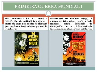 PRIMEIRA GUERRA MUNDIAL I

SIN NOVEDAD EN EL FRENTE                SENDEROS DE GLORIA (1957). A
(1930). Alegato antibelicista desde o   guerra de trincheiras desde o lado
punto de vista dos soldados alemáns     francés,    cunha      denuncia      da
que perden a inocencia na guerra de     corrupción    e    a    inhumanidade
trincheiras                             instaladas nas altas esferas militares.
 