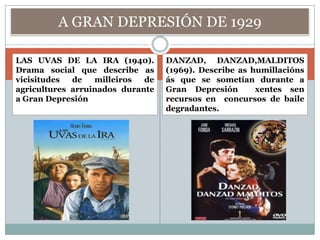 A GRAN DEPRESIÓN DE 1929

LAS UVAS DE LA IRA (1940).        DANZAD, DANZAD,MALDITOS
Drama social que describe as      (1969). Describe as humillacións
vicisitudes  de   milleiros  de   ás que se sometían durante a
agricultures arruinados durante   Gran Depresión       xentes sen
a Gran Depresión                  recursos en concursos de baile
                                  degradantes.
 