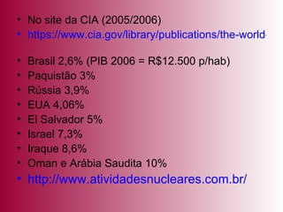 No site da CIA (2005/2006) https://www.cia.gov/library/publications/the-world-factbook/rankorder/2034rank.html   Brasil 2,6% (PIB 2006 = R$12.500 p/hab) Paquistão 3%  Rússia 3,9% EUA 4,06% El Salvador 5% Israel 7,3% Iraque 8,6% Oman e Arábia Saudita 10% http://www.atividadesnucleares.com.br/   