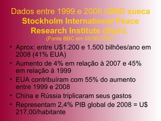 Dados entre 1999 e 2008 ( ONG sueca Stockholm International Peace Research Institute (Sipri).   (Fonte BBC em 08/06/2009 ) Aprox: entre U$1.200 e 1.500 bilhões/ano em 2008 (41% EUA) Aumento de 4% em relação à 2007 e 45% em relação à 1999 EUA contribuíram com 55% do aumento entre 1999 e 2008 China e Rússia triplicaram seus gastos Representam 2,4% PIB global de 2008 = U$ 217,00/habitante 