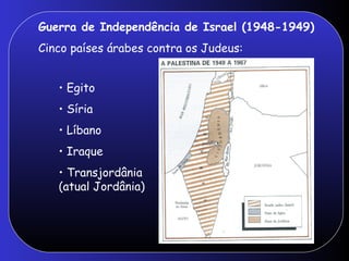 Guerra de Independência de Israel (1948-1949)
Cinco países árabes contra os Judeus:


   • Egito
   • Síria
   • Líbano
   • Iraque
   • Transjordânia
   (atual Jordânia)
 