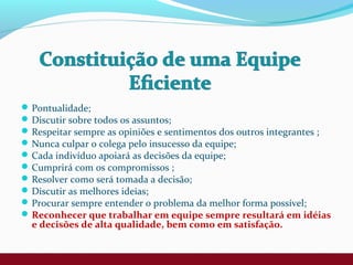 Pontualidade;
Discutir sobre todos os assuntos;
Respeitar sempre as opiniões e sentimentos dos outros integrantes ;
Nunca culpar o colega pelo insucesso da equipe;
Cada indivíduo apoiará as decisões da equipe;
Cumprirá com os compromissos ;
Resolver como será tomada a decisão;
Discutir as melhores ideias;
Procurar sempre entender o problema da melhor forma possível;
Reconhecer que trabalhar em equipe sempre resultará em idéias
e decisões de alta qualidade, bem como em satisfação.
 