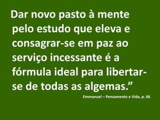 Dar novo pasto à mente
pelo estudo que eleva e
consagrar-se em paz ao
serviço incessante é a
fórmula ideal para libertar-
se de todas as algemas.”
Emmanuel – Pensamento e Vida, p. 66
 