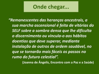 Onde chegar...
“Remanescentes das heranças ancestrais, a
sua marcha ascensional é feita de vitórias do
SELF sobre a sombra densa que lhe dificulta
o discernimento ou vincula-o aos hábitos
doentios que deve superar, mediante
instalação de outros de ordem saudável, no
que se tornarão mais fáceis os passos no
rumo do futuro celestial”.
(Joanna de Ângelis, Encontro com a Paz e a Saúde)
 