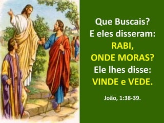 Que Buscais?
E eles disseram:
RABI,
ONDE MORAS?
Ele lhes disse:
VINDE e VEDE.
João, 1:38-39.
 