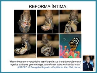 REFORMA ÍNTIMA: “ Reconhece-se o verdadeiro espírita pela sua transformação moral e pelos esforços que emprega para domar suas inclinações más .”  (KARDEC. O Evangelho Segundo o Espiritismo. Cap. XVII, item 4) 