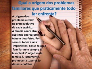 A origem dos
problemas reside
no grau evolutivo
de cada espírito.
A família concentra
espíritos em reajuste, que
trazem desafetos. Por
sermos todos ainda
imperfeitos, nossa relação
familiar nem sempre é
favorável. O objetivo da
família é, justamente,
promover a superação
desses conflitos.
 