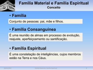 28/04/2012 Família Material e Família Espiritual 8
Família Material e Família Espiritual
Conceito
Conjunto de pessoas: pai, mãe e filhos.
• Família
É uma reunião de almas em processo de evolução,
reajuste, aperfeiçoamento ou santificação.
• Família Consanguínea
É uma constelação de inteligências, cujos membros
estão na Terra e nos Céus.
• Família Espiritual
 