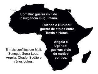 Somália: guerra civil de
insurgência muçulmana.
Ruanda e Burundi:
guerra de etnias entre
Tutsis e Hutus.

E mais conflitos em Mali,
Senegal, Serra Leoa,
Argélia, Chade, Sudão e
vários outros.

Angola e
Uganda:
guerras civis
de motivo
político.

 