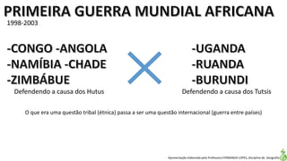 Apresentação elaborada pela Professora FERNANDA LOPES, disciplina de Geografia
1998-2003
O que era uma questão tribal (étnica) passa a ser uma questão internacional (guerra entre países)
Defendendo a causa dos Hutus Defendendo a causa dos Tutsis
 