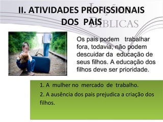II. ATIVIDADES PROFISSIONAIS
DOS PAIS
31Pr. Moisés Sampaio de Paula
Os pais podem trabalhar
fora, todavia, não podem
descuidar da educação de
seus filhos. A educação dos
filhos deve ser prioridade.
1. A mulher no mercado de trabalho.
2. A ausência dos pais prejudica a criação dos
filhos.
1. A mulher no mercado de trabalho.
2. A ausência dos pais prejudica a criação dos
filhos.
 