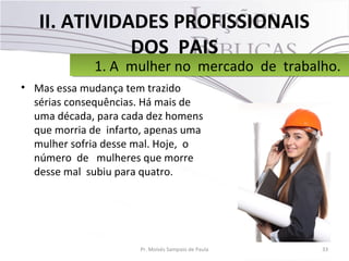 II. ATIVIDADES PROFISSIONAIS
DOS PAIS
• Mas essa mudança tem trazido
sérias consequências. Há mais de
uma década, para cada dez homens
que morria de infarto, apenas uma
mulher sofria desse mal. Hoje, o
número de mulheres que morre
desse mal subiu para quatro.
33Pr. Moisés Sampaio de Paula
1. A mulher no mercado de trabalho.1. A mulher no mercado de trabalho.
 
