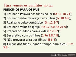 Para vencer os conflitos no lar
PRINCÍPIOS PARA OS PAIS
1) Ensinar a Palavra aos filhos no lar (Dt 11.18-21);
2) Ensinar o valor da oração aos filhos (Lc 18.1-8);
3) Realizar o culto doméstico (Gn 12.5-7)
4) Ensinar o valor da Igreja (Hb 12.23; Ap 21.9);
5) Preparar os filhos para a vida (Lc 2.52);
6) Ser afetivo com os filhos (1 Pe 3.8;4.8);
7) Não provocar a ira aos filhos (Ef 6.4);
8) Cuidar dos filhos, dando tempo para eles (l Tm
5.8).
 
