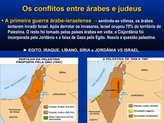 Os conflitos entre árabes e judeusOs conflitos entre árabes e judeus
•• A primeira guerra árabe-israelenseA primeira guerra árabe-israelense →→ sentindo-se vítimas, os árabessentindo-se vítimas, os árabes
tentaram invadir Israel. Após derrotar os invasores, Israel ocupou 75% do território datentaram invadir Israel. Após derrotar os invasores, Israel ocupou 75% do território da
Palestina. O resto foi tomado pelos países árabes em volta: a Cisjordânia foiPalestina. O resto foi tomado pelos países árabes em volta: a Cisjordânia foi
incorporada pela Jordânia e a faixa de Gaza pelo Egito. Nascia a questão palestina.incorporada pela Jordânia e a faixa de Gaza pelo Egito. Nascia a questão palestina.
►► EGITO, IRAQUE, LÍBANO, SÍRIA e JORDÂNIAEGITO, IRAQUE, LÍBANO, SÍRIA e JORDÂNIA VSVS ISRAELISRAEL..
 