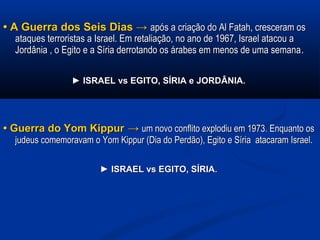 •• A Guerra dos Seis Dias →A Guerra dos Seis Dias → após a criação do Al Fatah, cresceram osapós a criação do Al Fatah, cresceram os
ataques terroristas a Israel. Em retaliação, no ano de 1967, Israel atacou aataques terroristas a Israel. Em retaliação, no ano de 1967, Israel atacou a
Jordânia , o Egito e a Síria derrotando os árabes em menos de uma semanaJordânia , o Egito e a Síria derrotando os árabes em menos de uma semana..
►► ISRAEL vs EGITO, SÍRIA e JORDÂNIAISRAEL vs EGITO, SÍRIA e JORDÂNIA..
•• Guerra do Yom KippurGuerra do Yom Kippur →→ um novo conflito explodiu em 1973. Enquanto osum novo conflito explodiu em 1973. Enquanto os
judeus comemoravam o Yom Kippur (Dia do Perdão), Egito e Síria atacaram Israel.judeus comemoravam o Yom Kippur (Dia do Perdão), Egito e Síria atacaram Israel.
►► ISRAEL vs EGITO, SÍRIAISRAEL vs EGITO, SÍRIA..
 