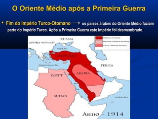 O Oriente Médio após a Primeira GuerraO Oriente Médio após a Primeira Guerra
•• Fim do Império Turco-OtomanoFim do Império Turco-Otomano →→ os países árabes do Oriente Médio faziamos países árabes do Oriente Médio faziam
parte do Império Turco. Após a Primeira Guerra este Império foi desmembrado.parte do Império Turco. Após a Primeira Guerra este Império foi desmembrado.
 