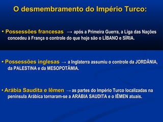 O desmembramento do Império Turco:O desmembramento do Império Turco:
•• Possessões francesasPossessões francesas →→ após a Primeira Guerra, a Liga das Naçõesapós a Primeira Guerra, a Liga das Nações
concedeu à França o controle do que hoje são o LÍBANO e SÍRIA.concedeu à França o controle do que hoje são o LÍBANO e SÍRIA.
•• Possessões inglesasPossessões inglesas →→ a Inglaterra assumiu o controle da JORDÂNIA,a Inglaterra assumiu o controle da JORDÂNIA,
da PALESTINA e da MESOPOTÂMIA.da PALESTINA e da MESOPOTÂMIA.
•• Arábia Saudita e IêmenArábia Saudita e Iêmen →→ as partes do Império Turco localizadas naas partes do Império Turco localizadas na
península Arábica tornaram-se a ARÁBIA SAUDITA e o IÊMEN atuais.península Arábica tornaram-se a ARÁBIA SAUDITA e o IÊMEN atuais.
 