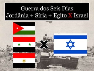 Guerra dos Seis Dias
Jordânia + Síria + Egito X Israel
 