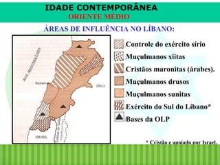 IDADE CONTEMPORÂNEA
ORIENTE MÉDIO
ÁREAS DE INFLUÊNCIA NO LÍBANO:
Controle do exército sírio
Muçulmanos xiitas
Cristãos maronitas (árabes).
Muçulmanos drusos
Muçulmanos sunitas
Exército do Sul do Líbano*
Bases da OLP
* Cristão e apoiado por Israel.

iair@pop.com.br

Prof. Iair

 