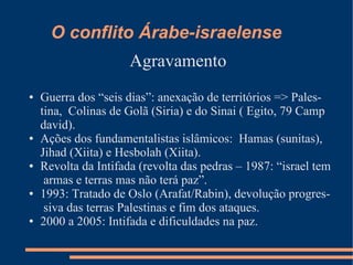 O conflito Árabe-israelense
                      Agravamento
●   Guerra dos “seis dias”: anexação de territórios => Pales-
    tina, Colinas de Golã (Siria) e do Sinai ( Egito, 79 Camp
    david).
●   Ações dos fundamentalistas islâmicos: Hamas (sunitas),
    Jihad (Xiita) e Hesbolah (Xiita).
●   Revolta da Intifada (revolta das pedras – 1987: “israel tem
     armas e terras mas não terá paz”.
●   1993: Tratado de Oslo (Arafat/Rabin), devolução progres-
     siva das terras Palestinas e fim dos ataques.
●   2000 a 2005: Intifada e dificuldades na paz.
 
