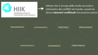 Istituto che si occupa dello studio accurato e
sistematico dei conflitti nel mondo, causati da
diversi elementi conflittuali che possono essere:
IDEOLOGICO
POLITICO
AUTONOMISTA
SECESSIONISTA
INDIPENDENTISTA ECONOMICO TERRITORIALE
 