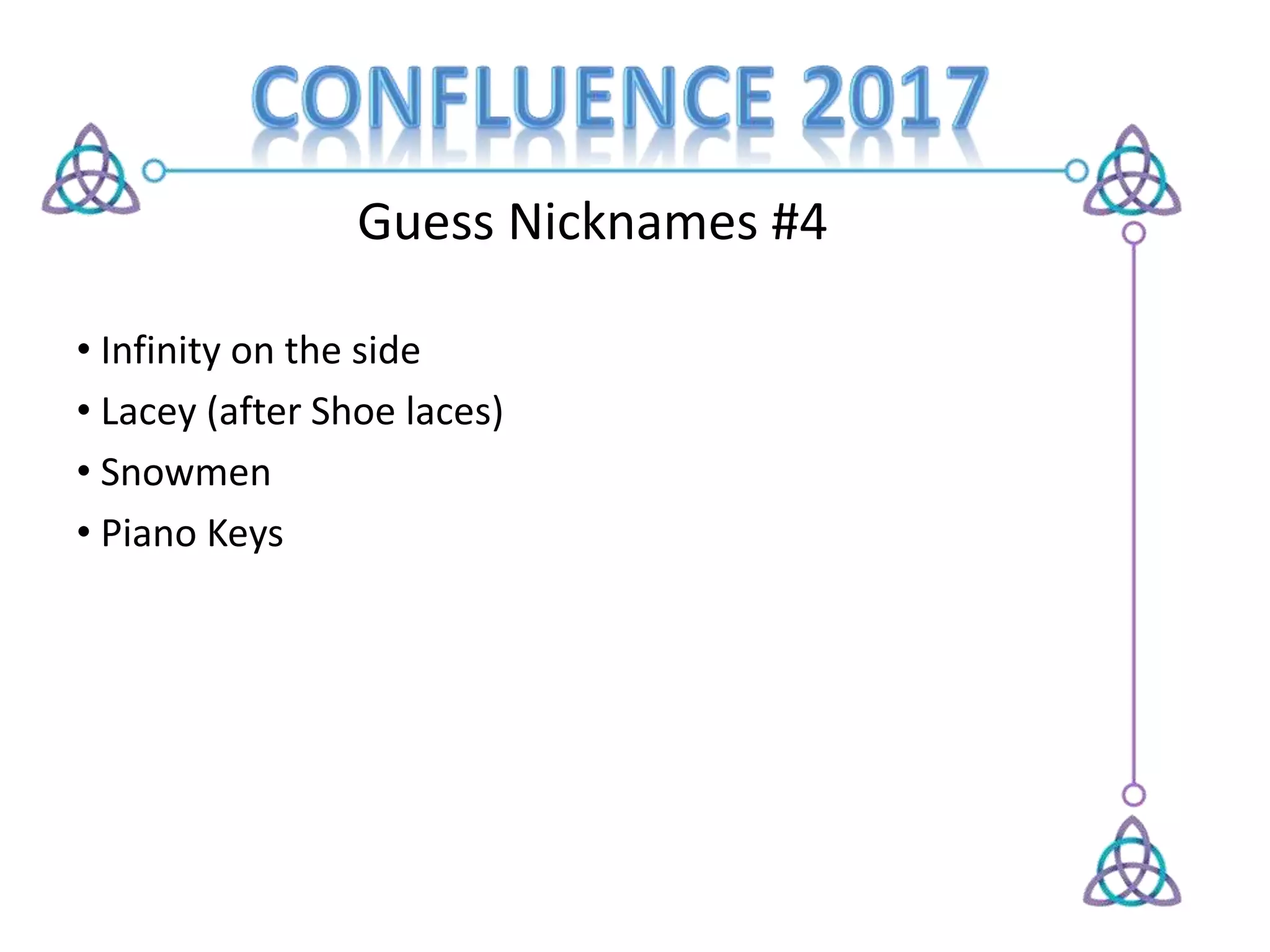 Guess Nicknames #4
• Infinity on the side
• Lacey (after Shoe laces)
• Snowmen
• Piano Keys
 