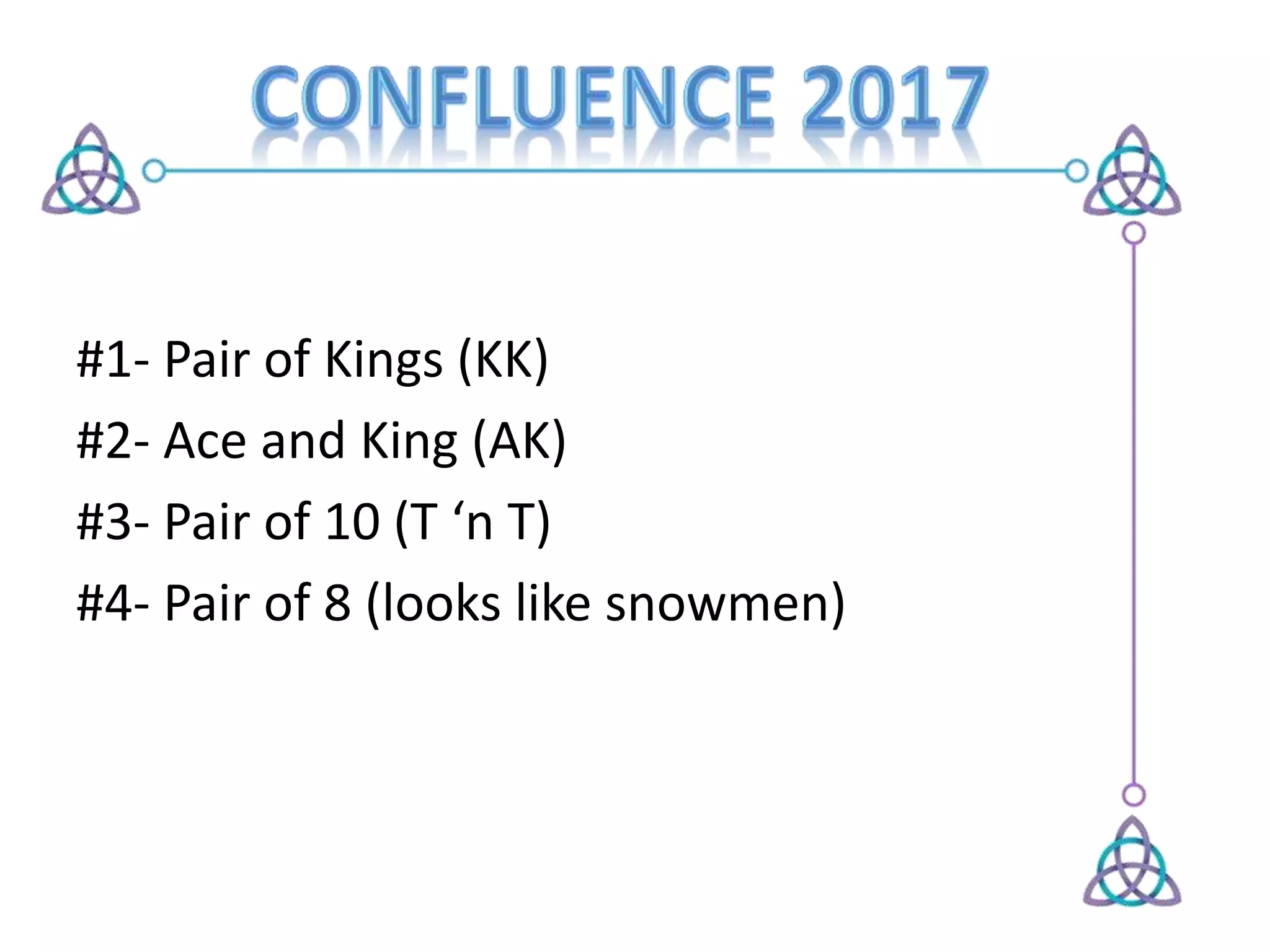 #1- Pair of Kings (KK)
#2- Ace and King (AK)
#3- Pair of 10 (T ‘n T)
#4- Pair of 8 (looks like snowmen)
 