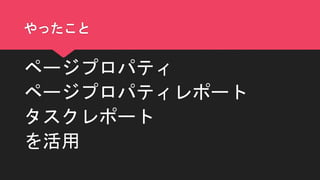 やったこと
ページプロパティ
ページプロパティレポート
タスクレポート
を活用
 