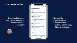 COLLABORATION
Empower teams to
engage meaningfully
and move work
forward
Ownership:
• notifications,
• collaborative
actions (comments,
likes, and shares)
 