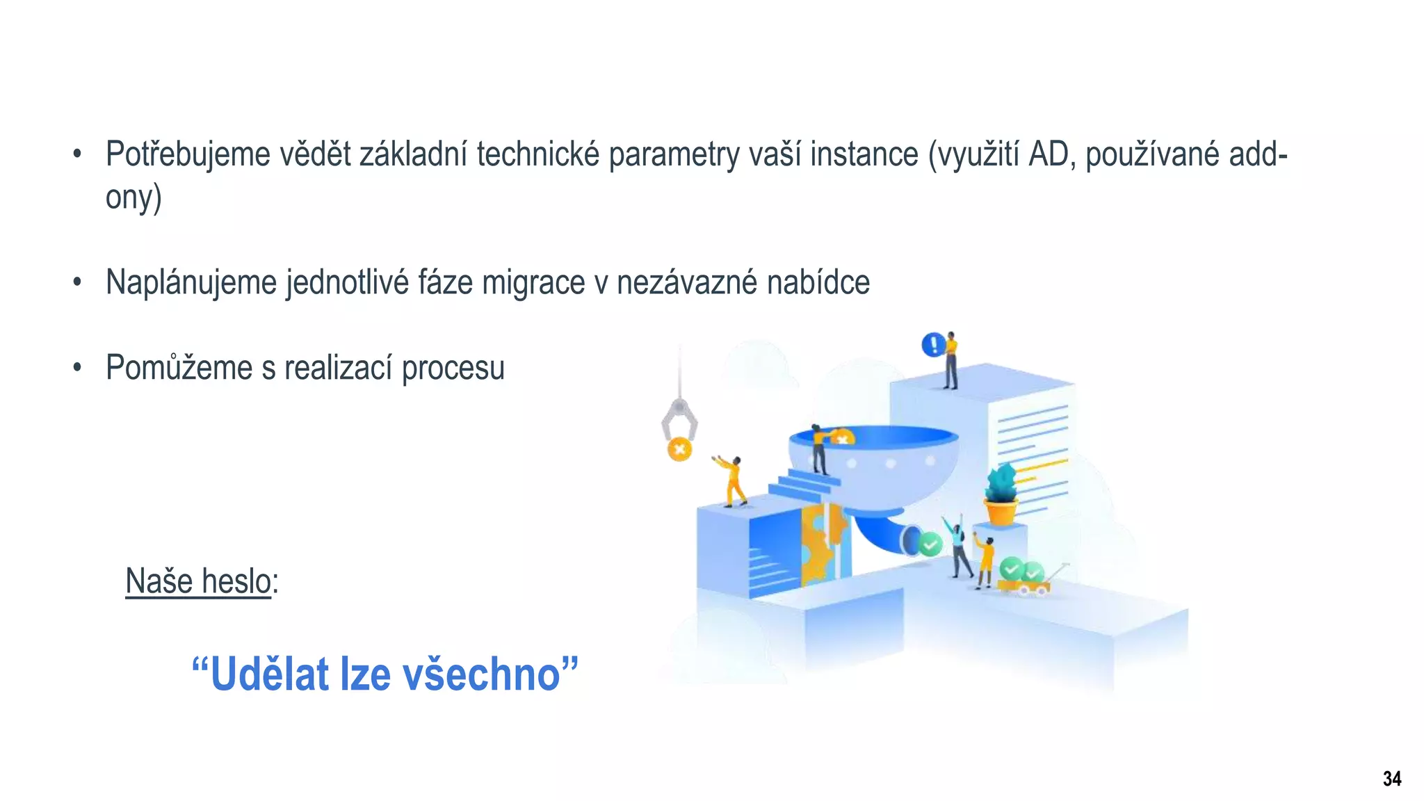 34
• Potřebujeme vědět základní technické parametry vaší instance (využití AD, používané add-
ony)
• Naplánujeme jednotlivé fáze migrace v nezávazné nabídce
• Pomůžeme s realizací procesu
Naše heslo:
“Udělat lze všechno”
 