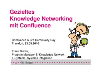 Gezieltes
Knowledge Networking
mit Confluence

Confluence & Jira Community Day
Frankfurt, 23.09.2010

Franz Binder,
Program Manager SI Knowledge Network
T-Systems, Systems Integration
 