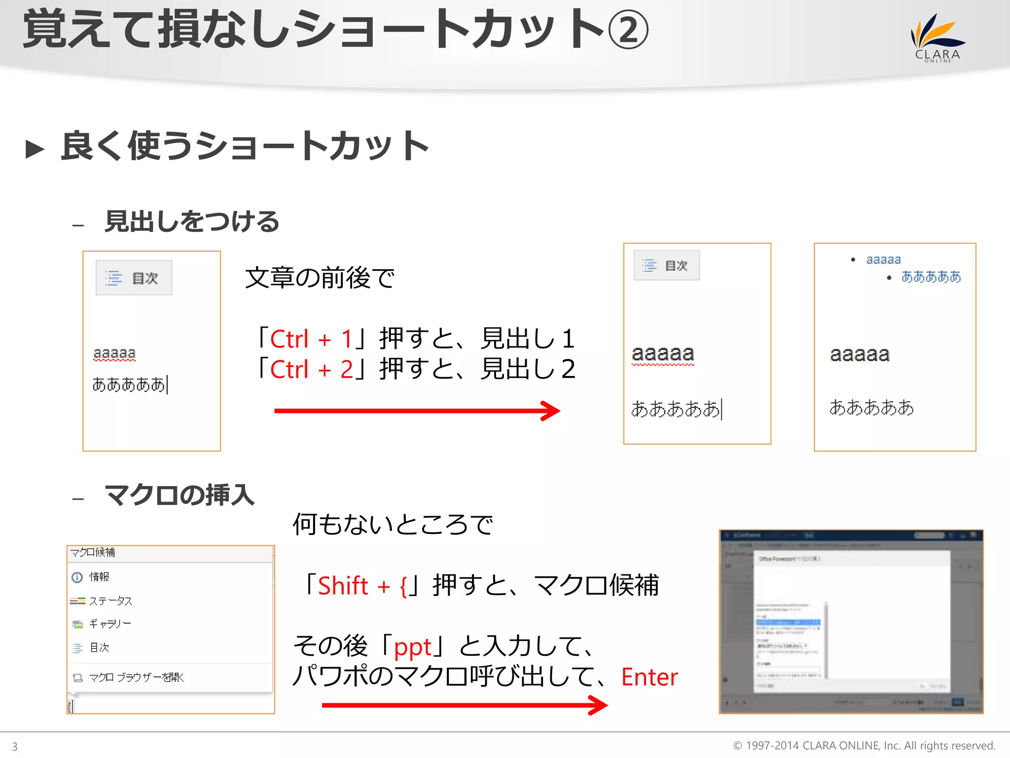 © 1997-2014 CLARA ONLINE, Inc. All rights reserved. 
覚えて損なしショートカット② 
3 
► 良く使うショートカット 
– 見出しをつける 
文章の前後で 
「Ctrl + 1」押すと、見出し１ 
「Ctrl + 2」押すと、見出し２ 
– マクロの挿入 
何もないところで 
「Shift + {」押すと、マクロ候補 
その後「ppt」と入力して、 
パワポのマクロ呼び出して、Enter 
 