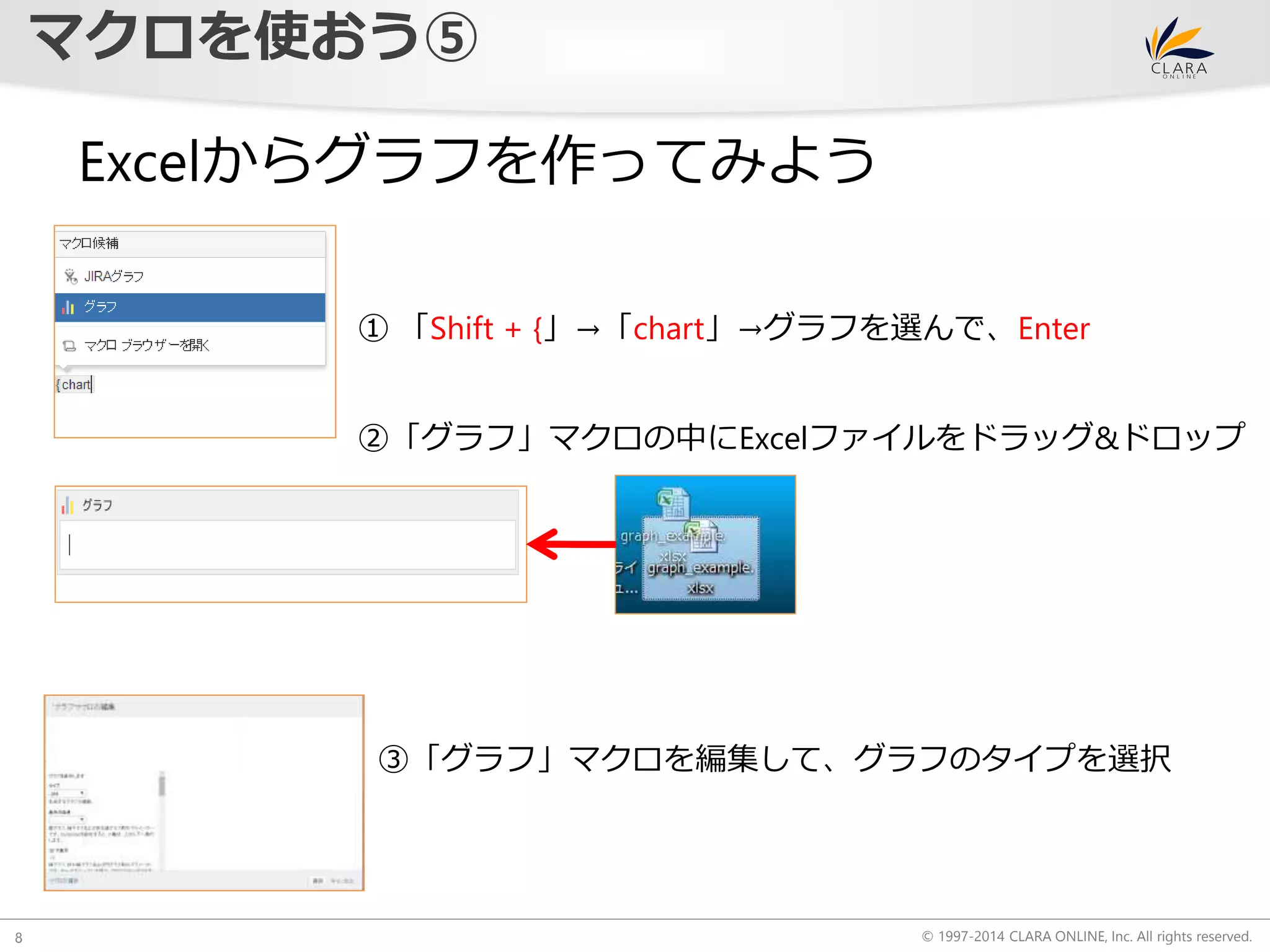 © 1997-2014 CLARA ONLINE, Inc. All rights reserved. 
マクロを使おう⑤ 
8 
Excelからグラフを作ってみよう 
① 「Shift + {」→「chart」→グラフを選んで、Enter 
②「グラフ」マクロの中にExcelファイルをドラッグ&ドロップ 
③「グラフ」マクロを編集して、グラフのタイプを選択 
 