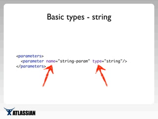 Basic types - string
<parameters>
<parameter name="string-param" type="string"/>
</parameters>
 